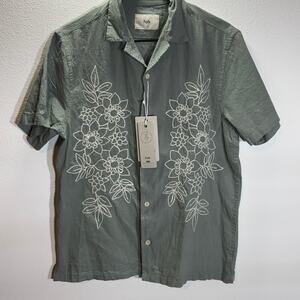 Folk Men’s Small Floral Embroidery Button Up Top Green NWT Designer Shirt